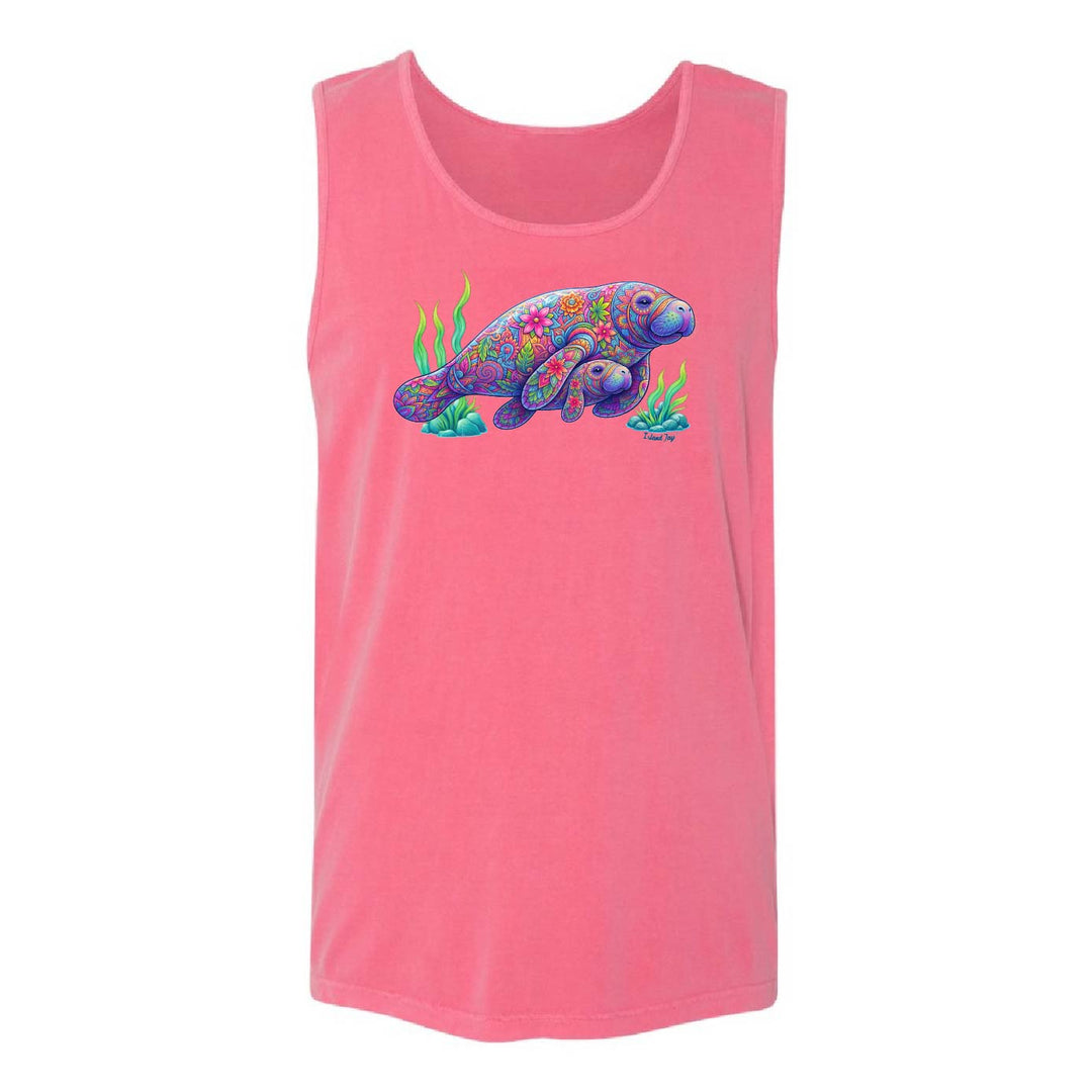 Pink tank top with a colorful manatee graphic on a white background