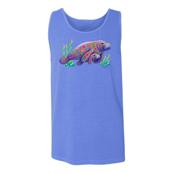 Blue tank top with a colorful manatee graphic on a white background