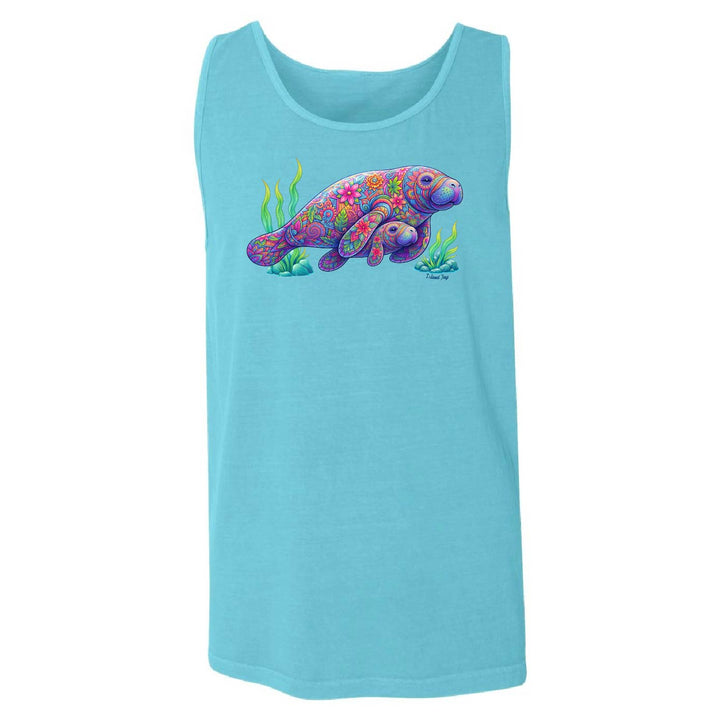 Blue tank top with a colorful manatee graphic on a white background