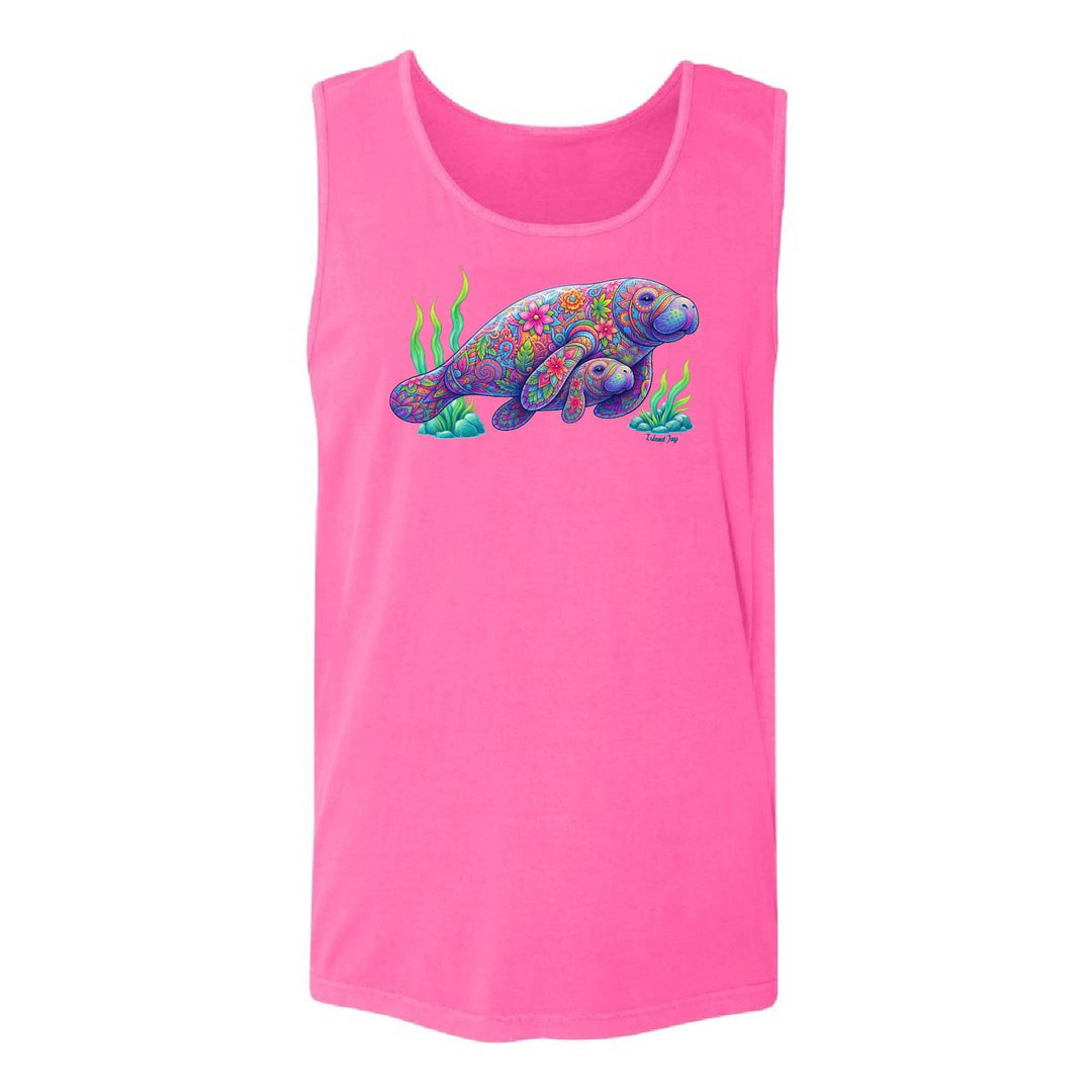 Neon pink tank top with a colorful manatee graphic on a white background