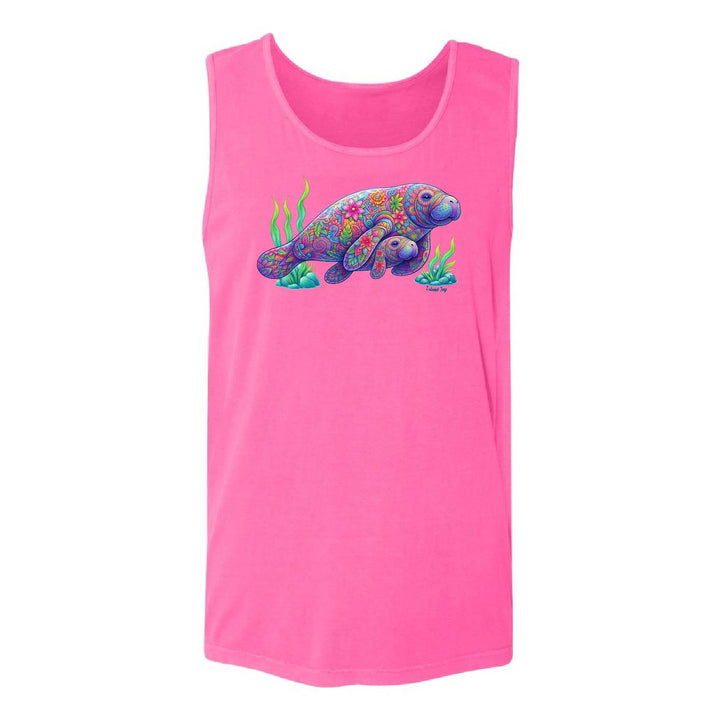 Neon pink tank top with a colorful manatee graphic on a white background