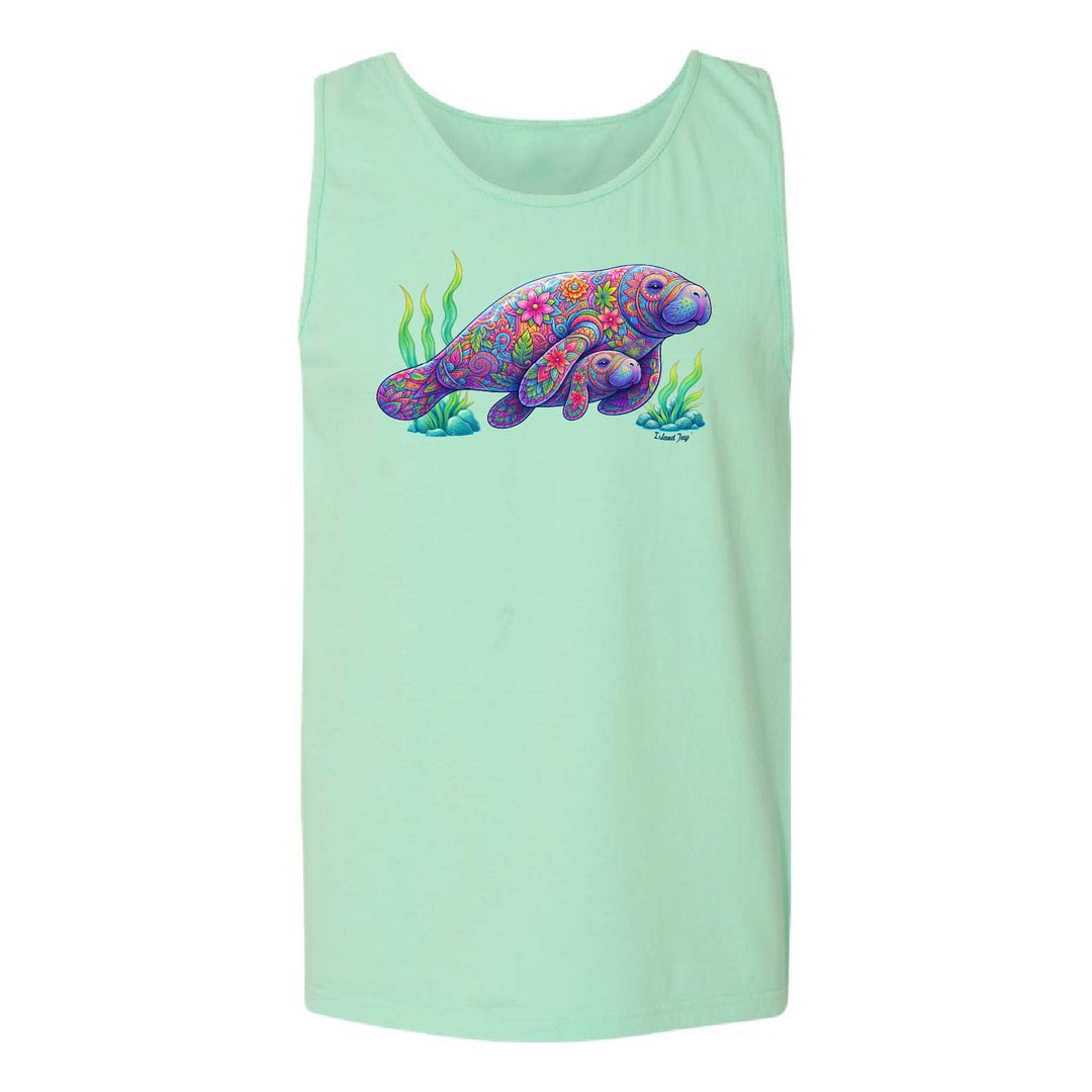 Mint green tank top with a colorful manatee graphic on a white background