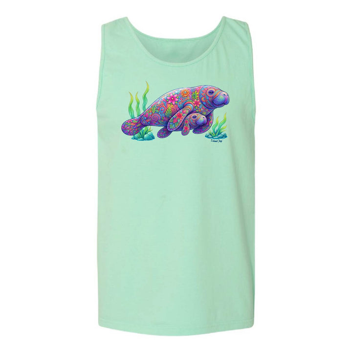 Mint green tank top with a colorful manatee graphic on a white background