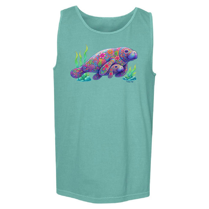 Green tank top with a colorful manatee graphic on a white background