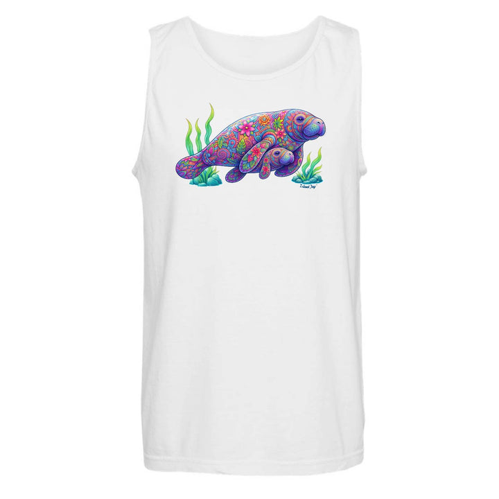 White tank top with a colorful manatee graphic on a white background