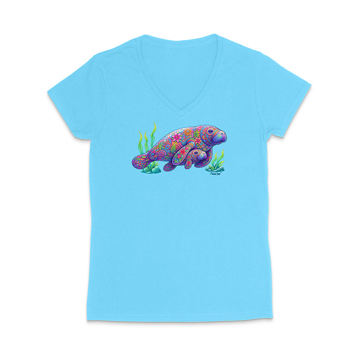 Light blue t-shirt with a colorful sea creature design on a white background