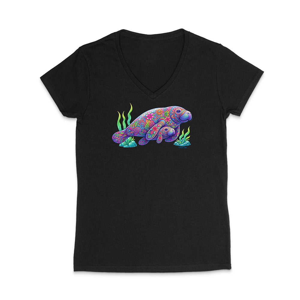 Black t-shirt with a colorful sea turtle design on a white background