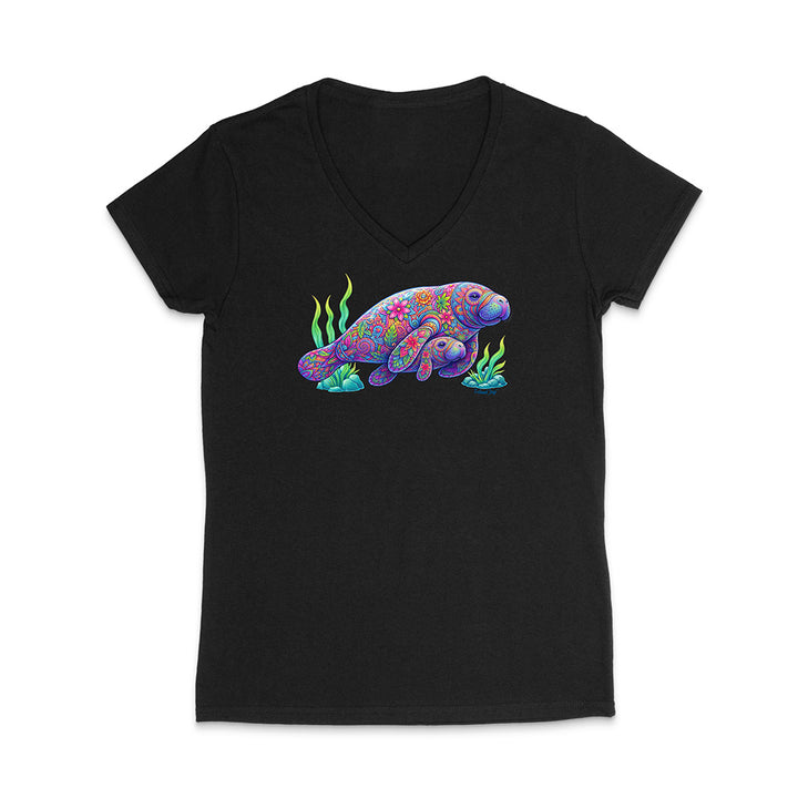 Black t-shirt with a colorful sea turtle design on a white background