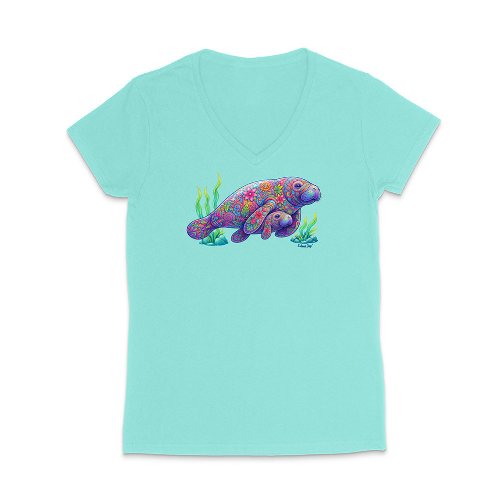 Mint green t-shirt with a colorful sea turtle design on a white background