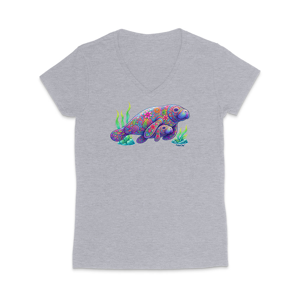 Gray t-shirt with a colorful sea turtle design on a white background