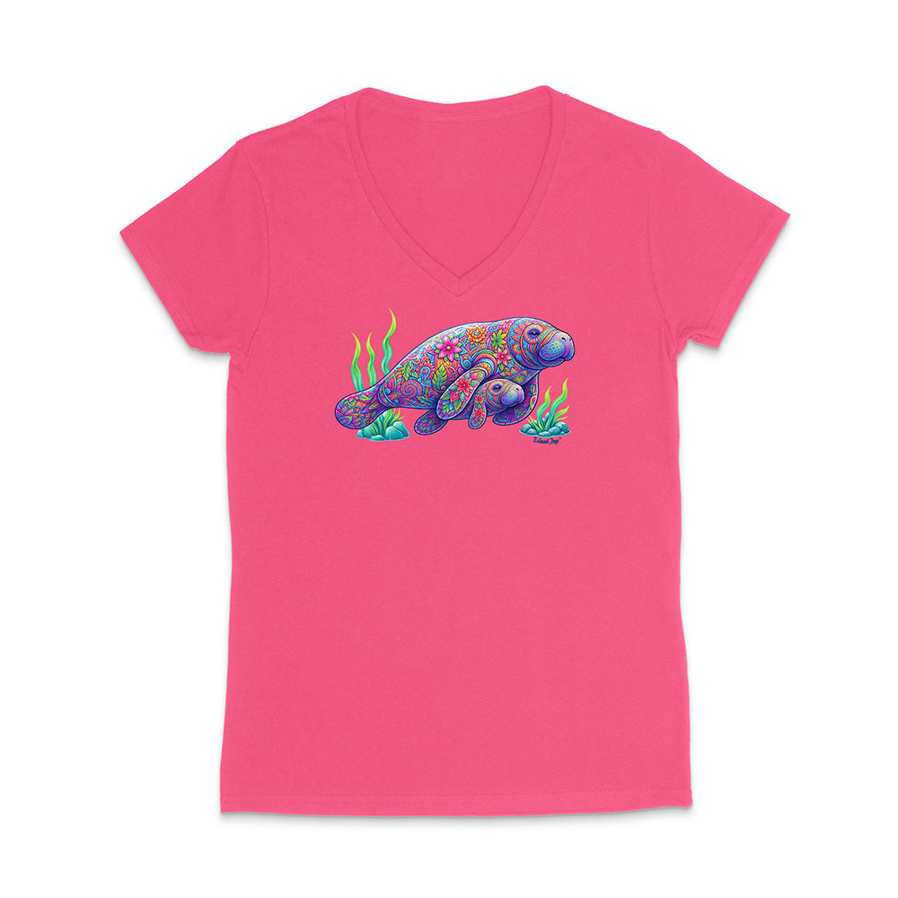 Pink t-shirt with a colorful turtle design on a white background