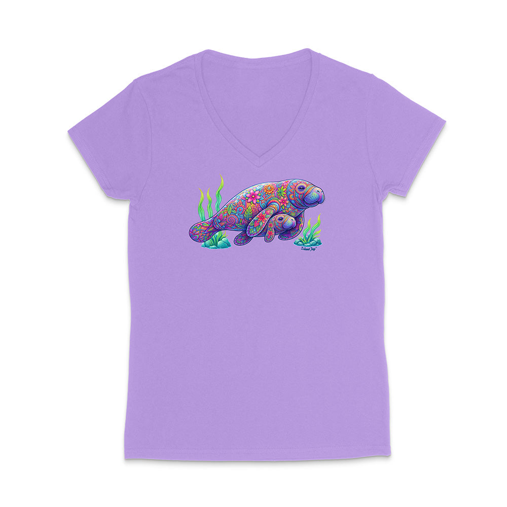 Purple t-shirt with a colorful sea turtle design on a white background