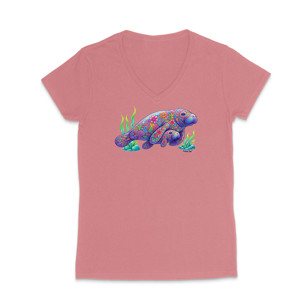 Pink t-shirt with a colorful sea creature design on a white background