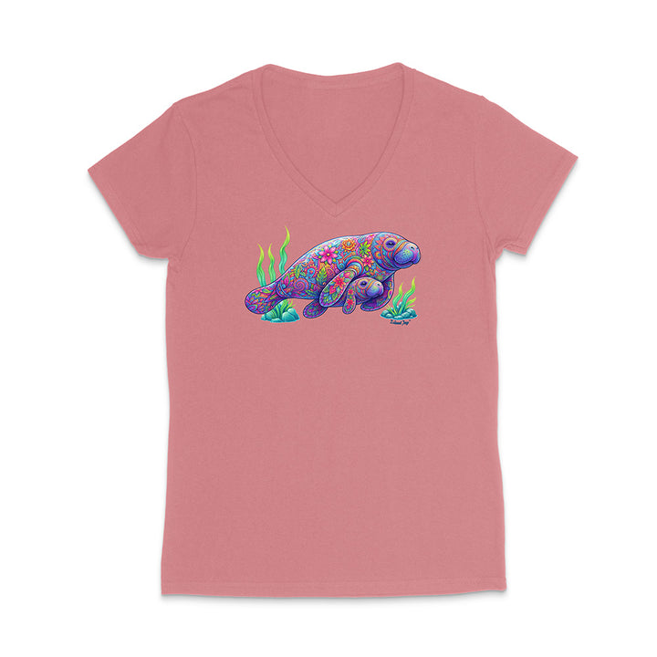 Pink t-shirt with a colorful sea creature design on a white background