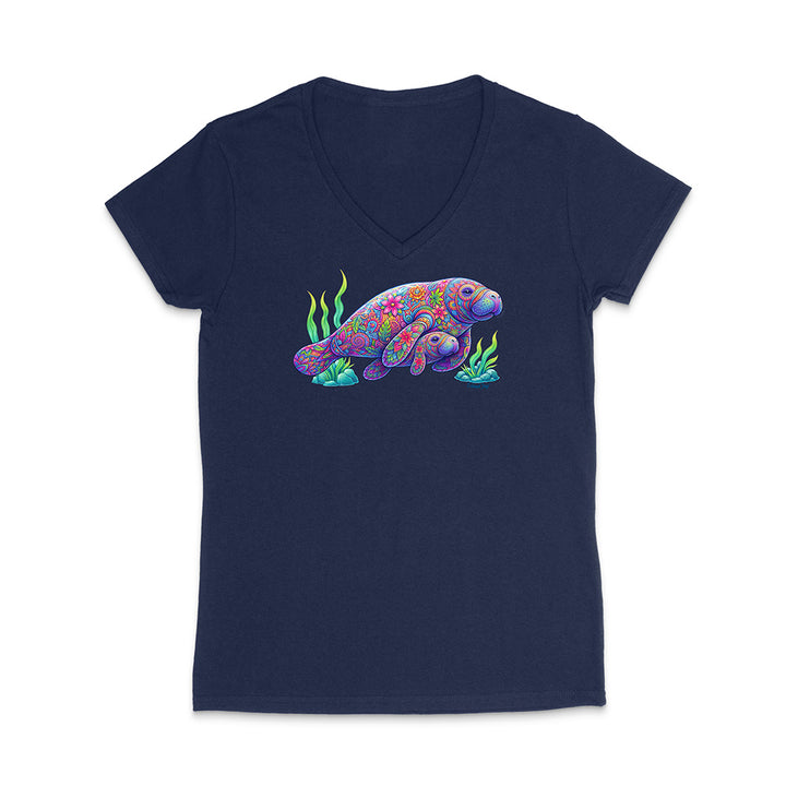 Navy blue t-shirt with a colorful sea turtle design on a white background