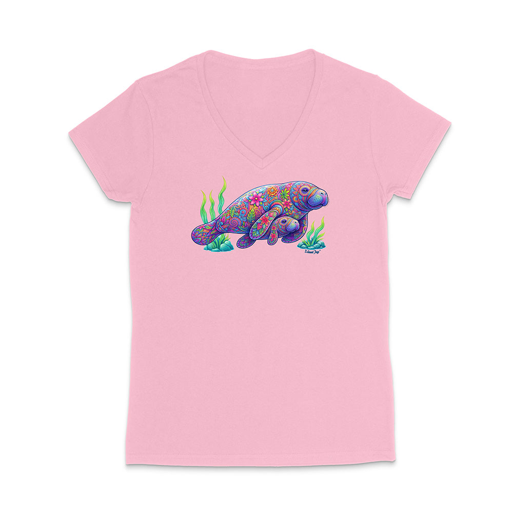 Pink t-shirt with a colorful sea turtle design on a white background