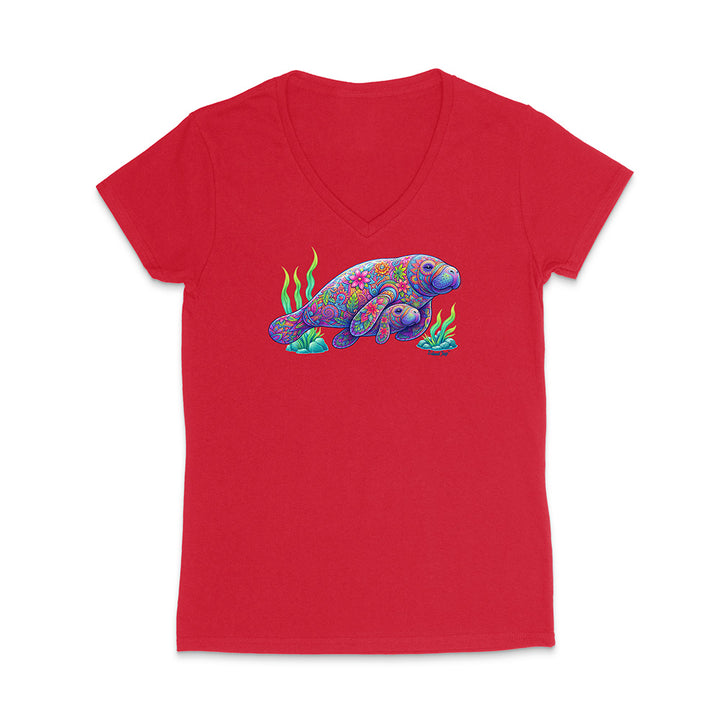Red V-neck t-shirt with a colorful sea turtle design on a white background