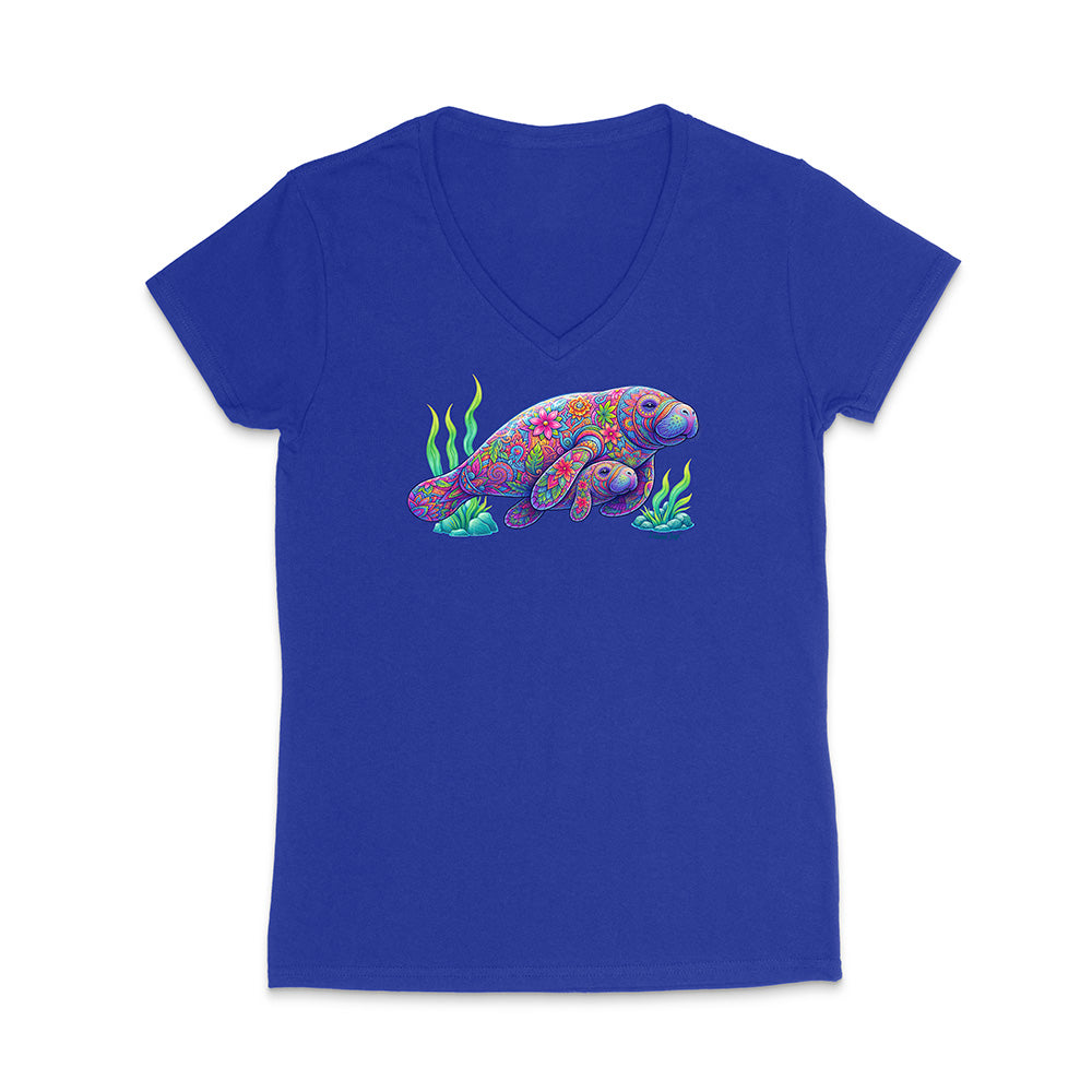 Blue t-shirt with a colorful sea turtle design on a white background