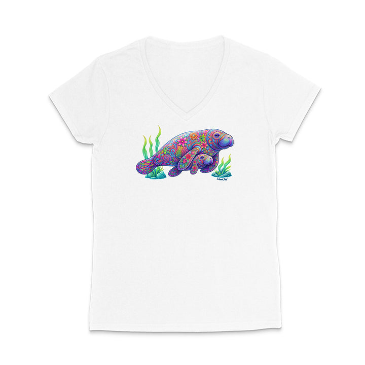 White t-shirt with a colorful sea turtle design on a white background