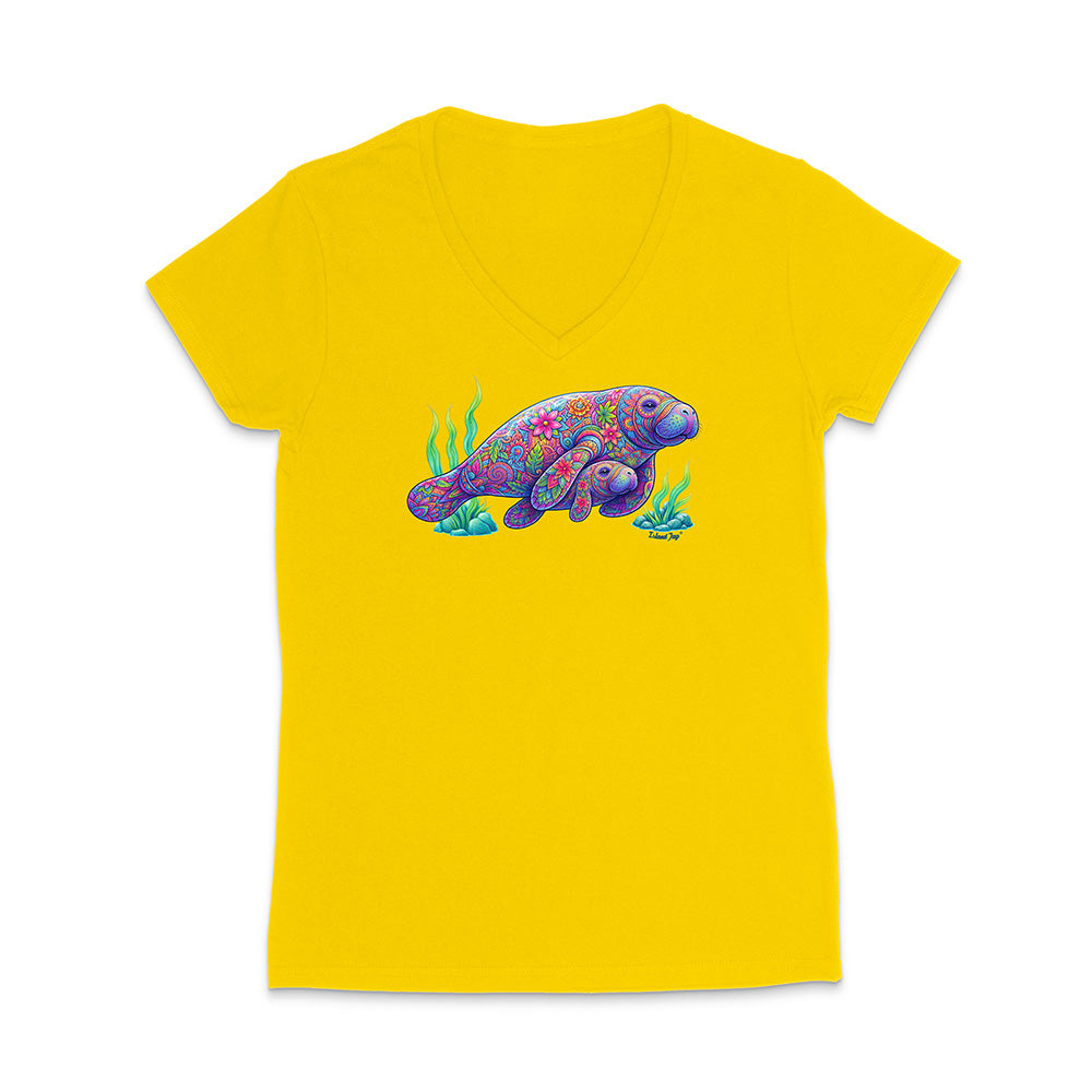 Yellow t-shirt with a colorful turtle design on a white background
