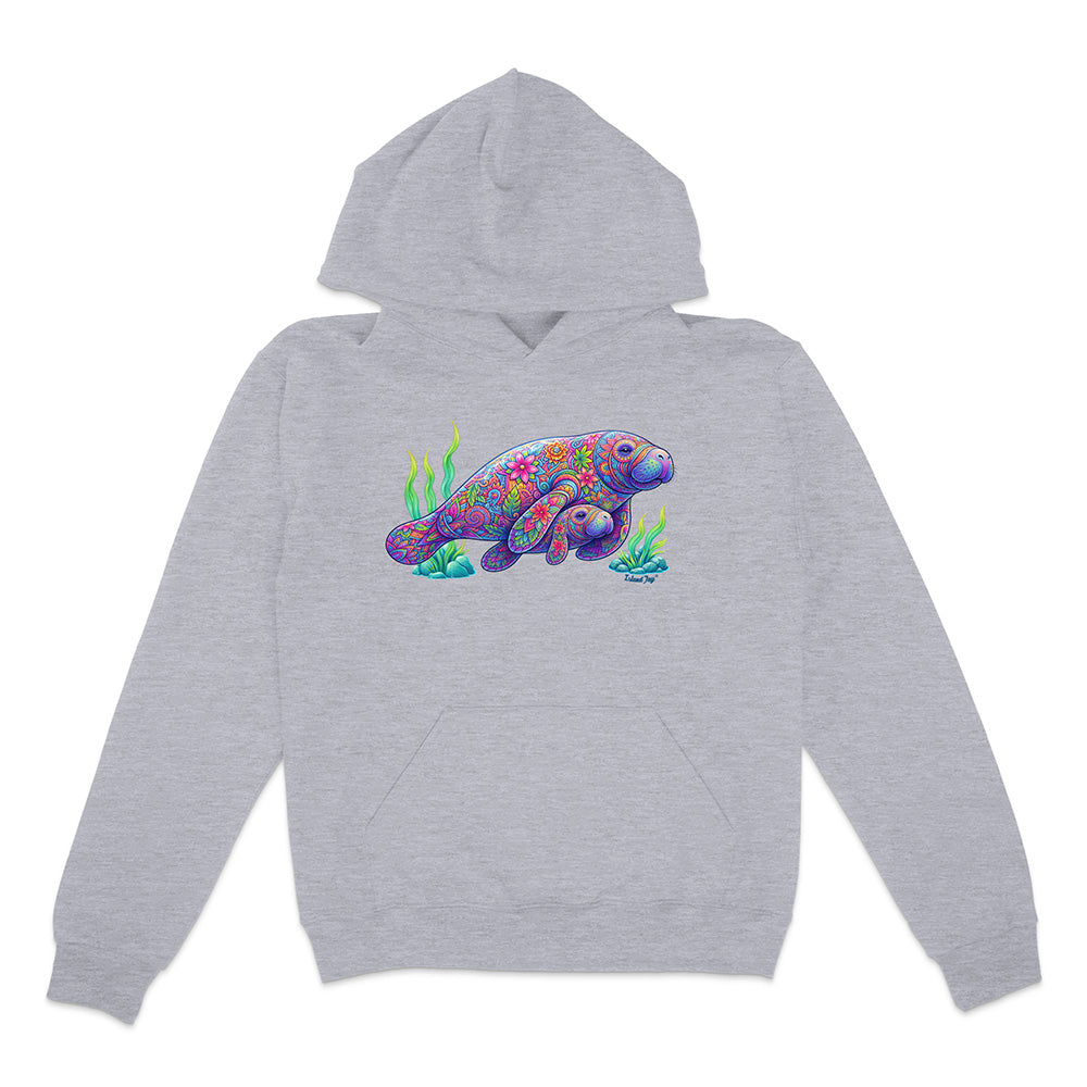 Gray hoodie with a colorful animal design on a white background