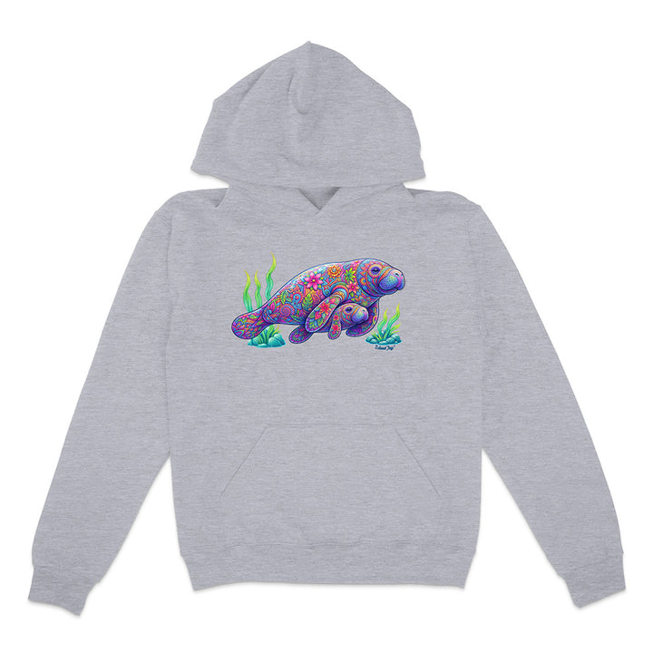 Gray hoodie with a colorful animal design on a white background
