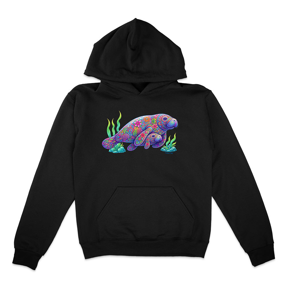 Black hoodie with a colorful manatee design on a white background
