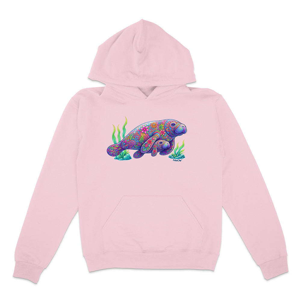 Pink hoodie with a colorful manatee design on a white background