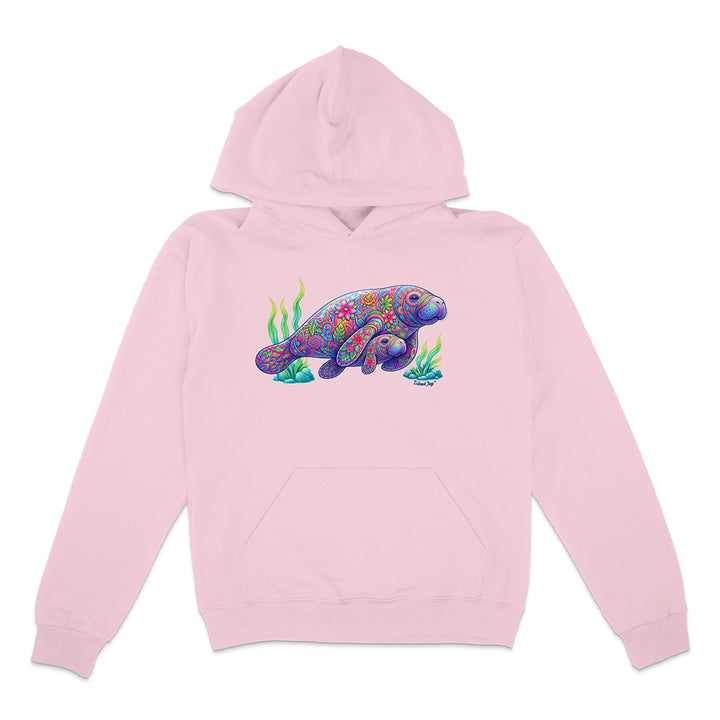 Pink hoodie with a colorful manatee design on a white background