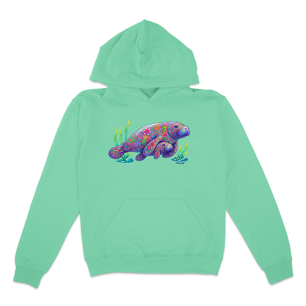 Mint green hoodie with a colorful manatee design on a white background