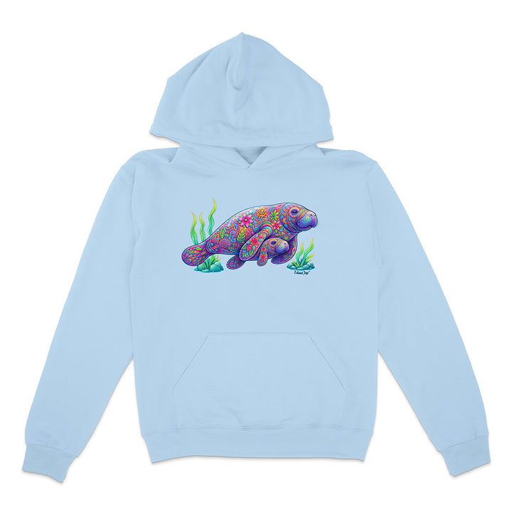 Light blue hoodie with a colorful turtle design on a white background