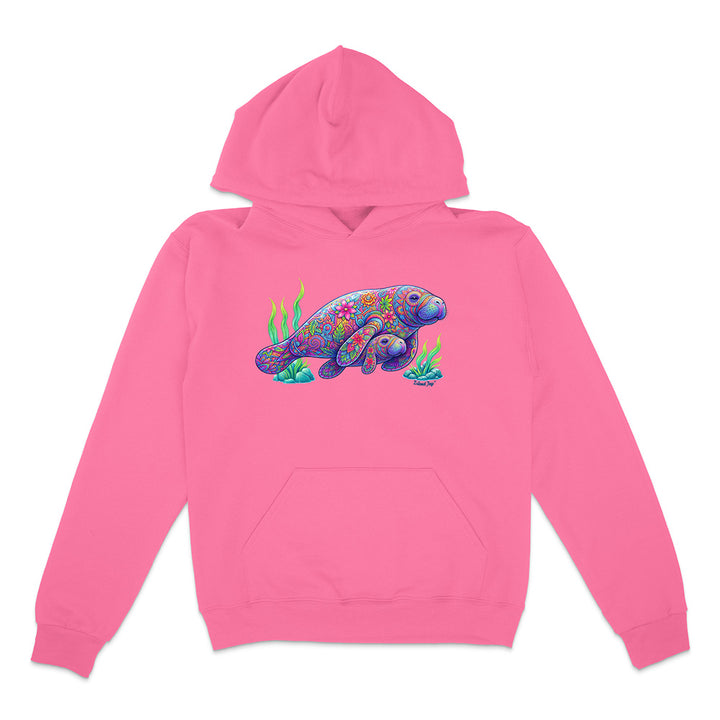 Pink hoodie with a colorful chameleon design on a white background