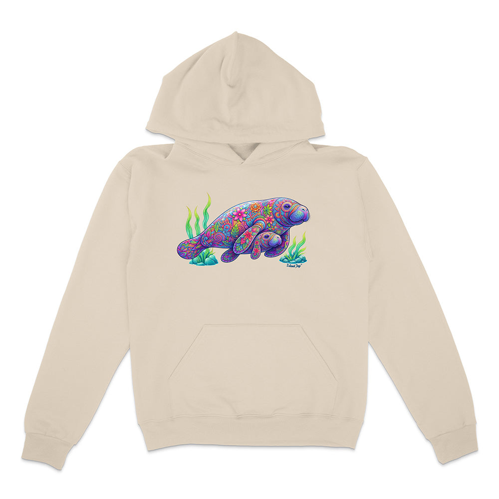 Beige hoodie with a colorful chameleon design on a white background