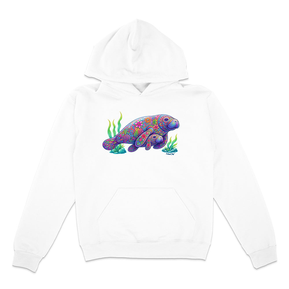 White hoodie with a colorful sea turtle design on a white background