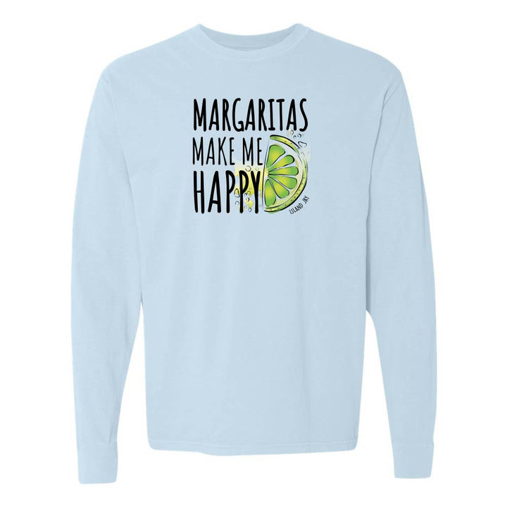 Light blue longsleeve with 'Margaritas Make Me Happy' text and lime graphic.