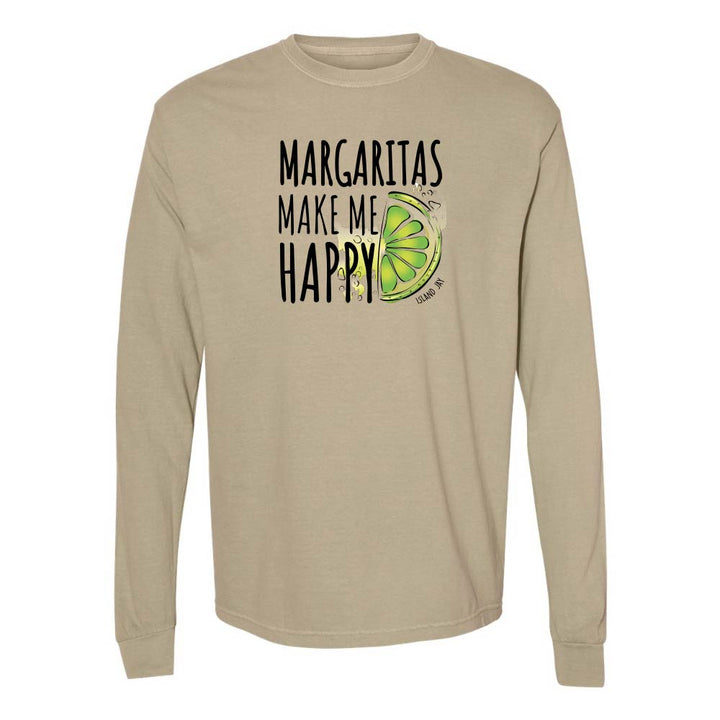 Khaki longsleeve with 'Margaritas Make Me Happy' text and lime graphic.