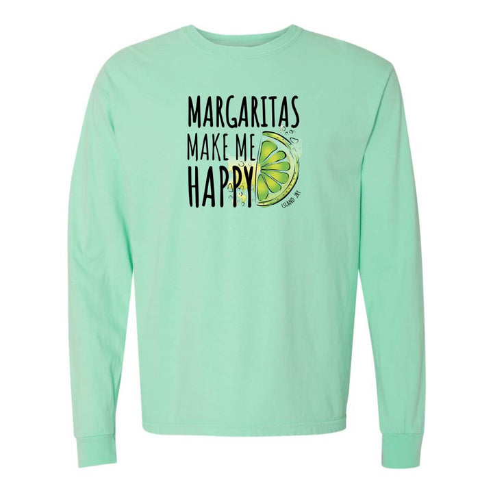 Mint green longsleeve with 'Margaritas Make Me Happy' text and lime graphic.
