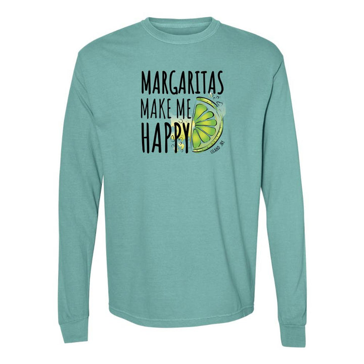 Teal longsleeve with 'Margaritas Make Me Happy' text and lime graphic.