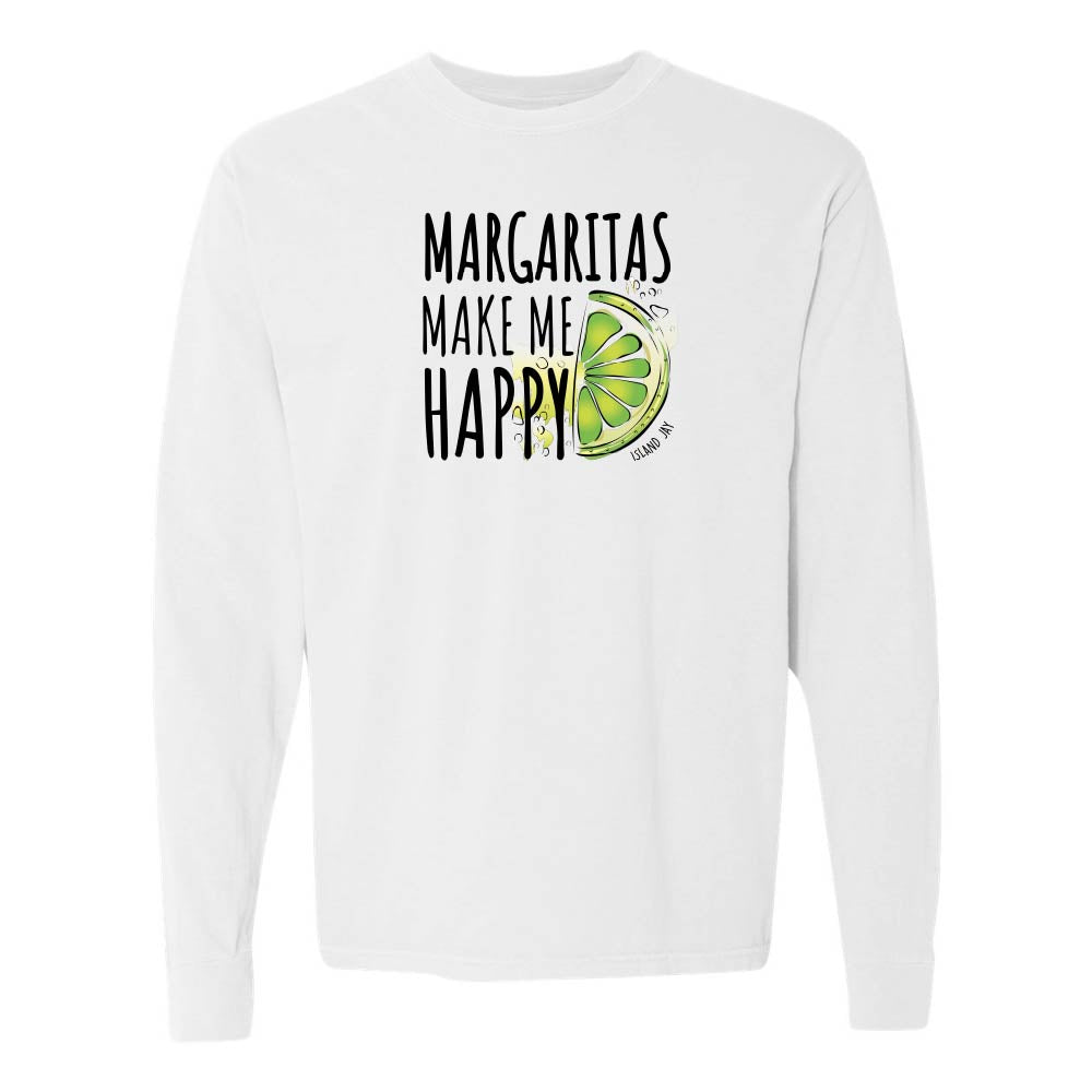 White longsleeve with 'Margaritas Make Me Happy' text and lime graphic.