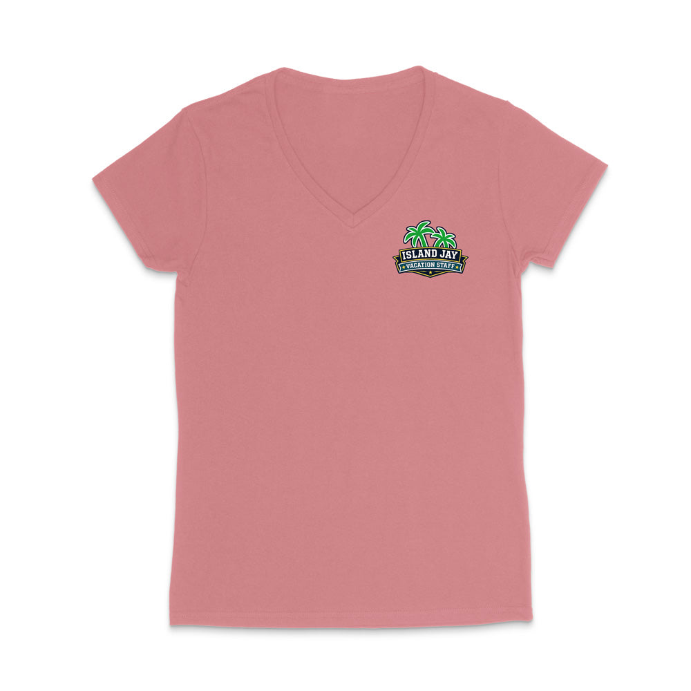 A mauve women's short-sleeve V-neck t-shirt with a small colorful graphic on the left chest featuring palm trees and the text 'Island Jay Vacation Staff'.