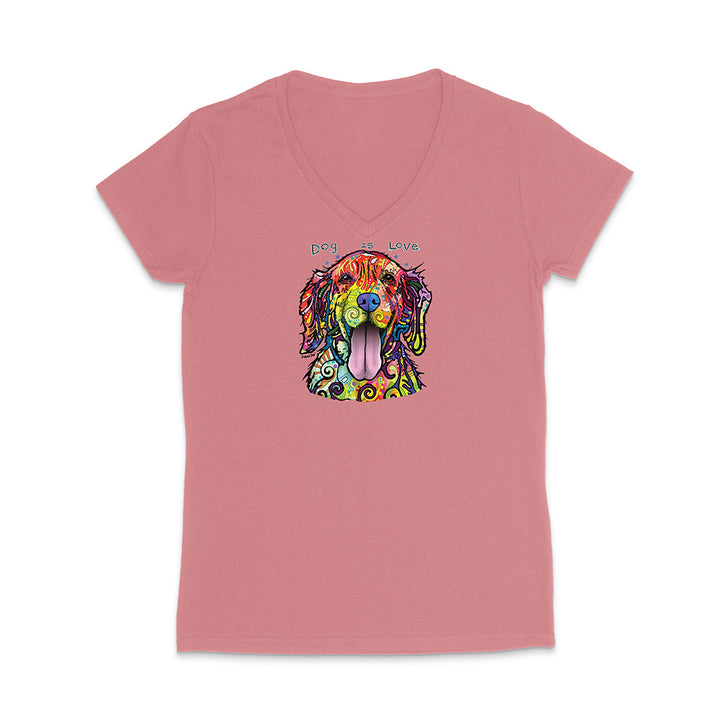 Pink t-shirt with a colorful dog graphic and 'Dog is Love' text on a white background
