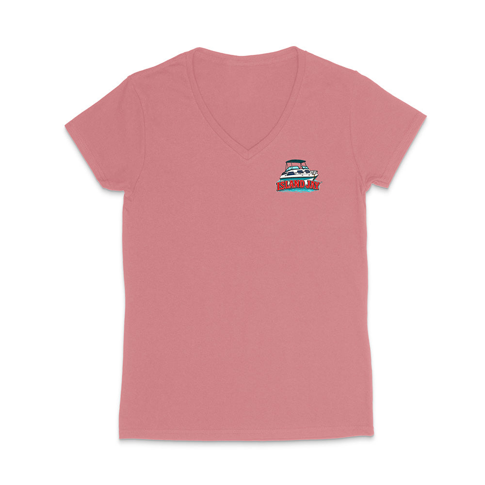 A dusty pink women's V-neck t-shirt with a small boat graphic on the left chest, displayed on a clean white background.