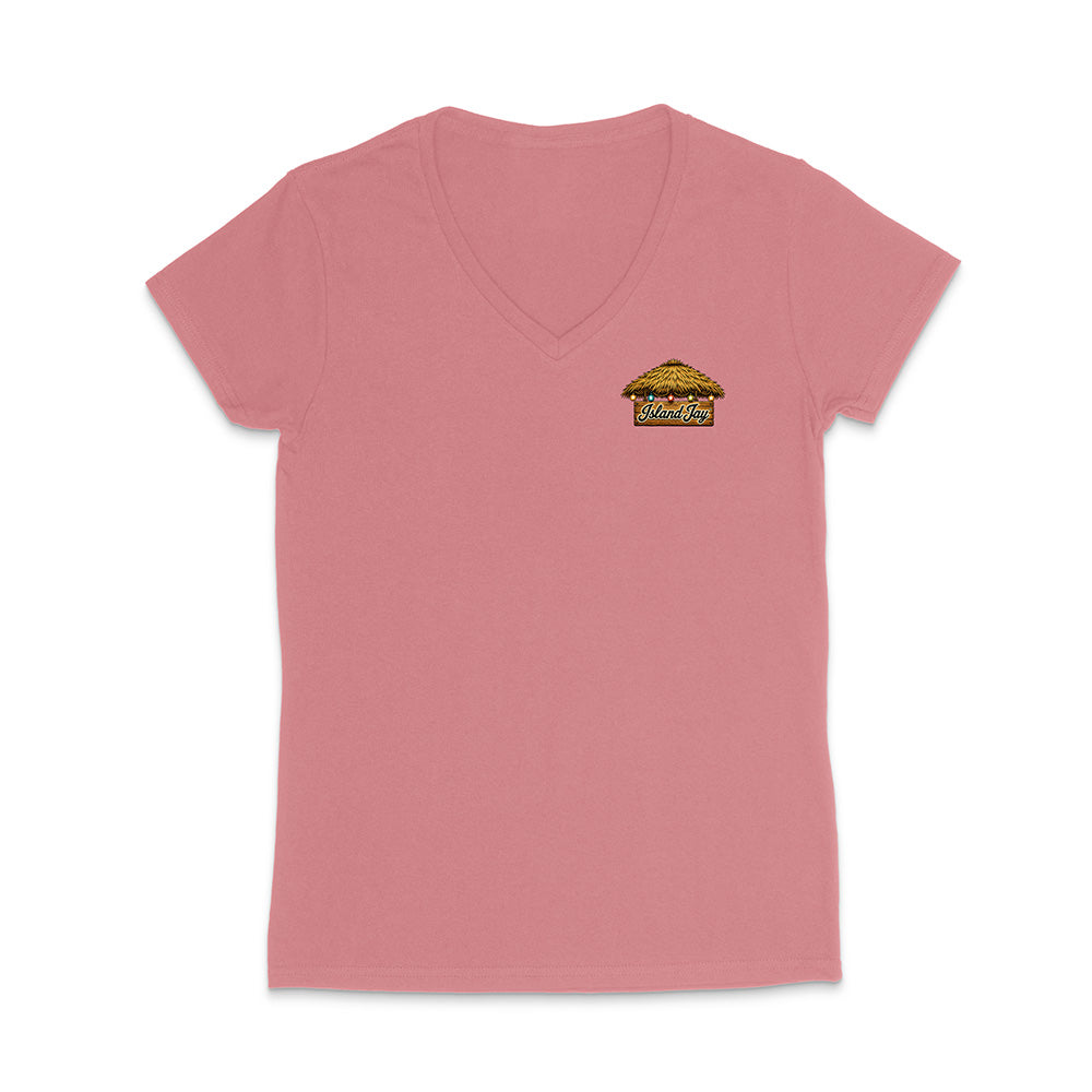 A dusty pink women's short-sleeve V-neck t-shirt with a small graphic of a taco on the left chest, displayed on a clean white background.