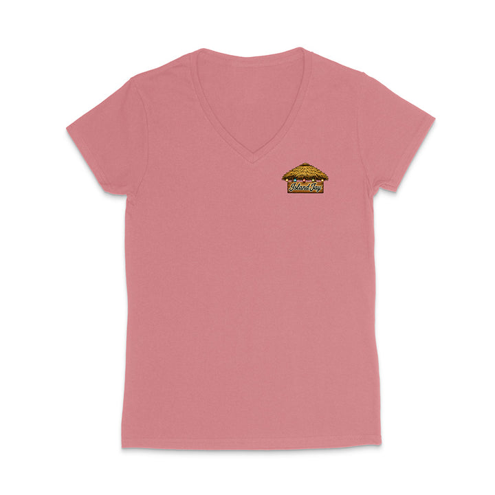 A dusty pink women's short-sleeve V-neck t-shirt with a small graphic of a taco on the left chest, displayed on a clean white background.