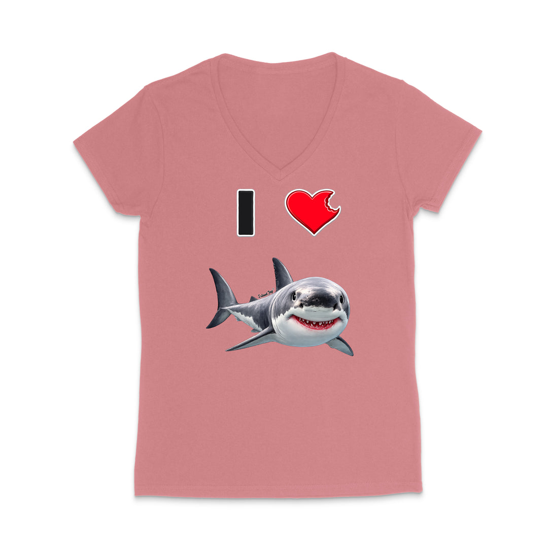 A pink women's V-neck t-shirt featuring a graphic print of a shark and the text 'I' and a heart, displayed on a clean white background.