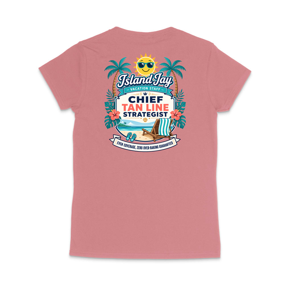 A pink short-sleeve t-shirt shown from the back, featuring a colorful graphic print with palm trees, a beach umbrella, and text that reads 'Island Jay Chief Tan Line Strategist'.