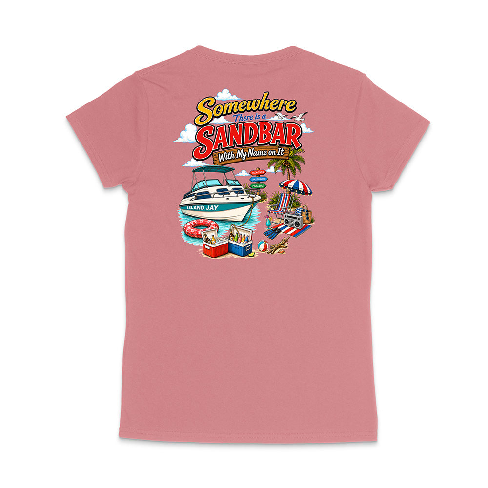 A pink short-sleeve t-shirt shown from the back, featuring a colorful graphic print with the text 'Somewhere I Found a Sandbar' and a beach scene illustration.