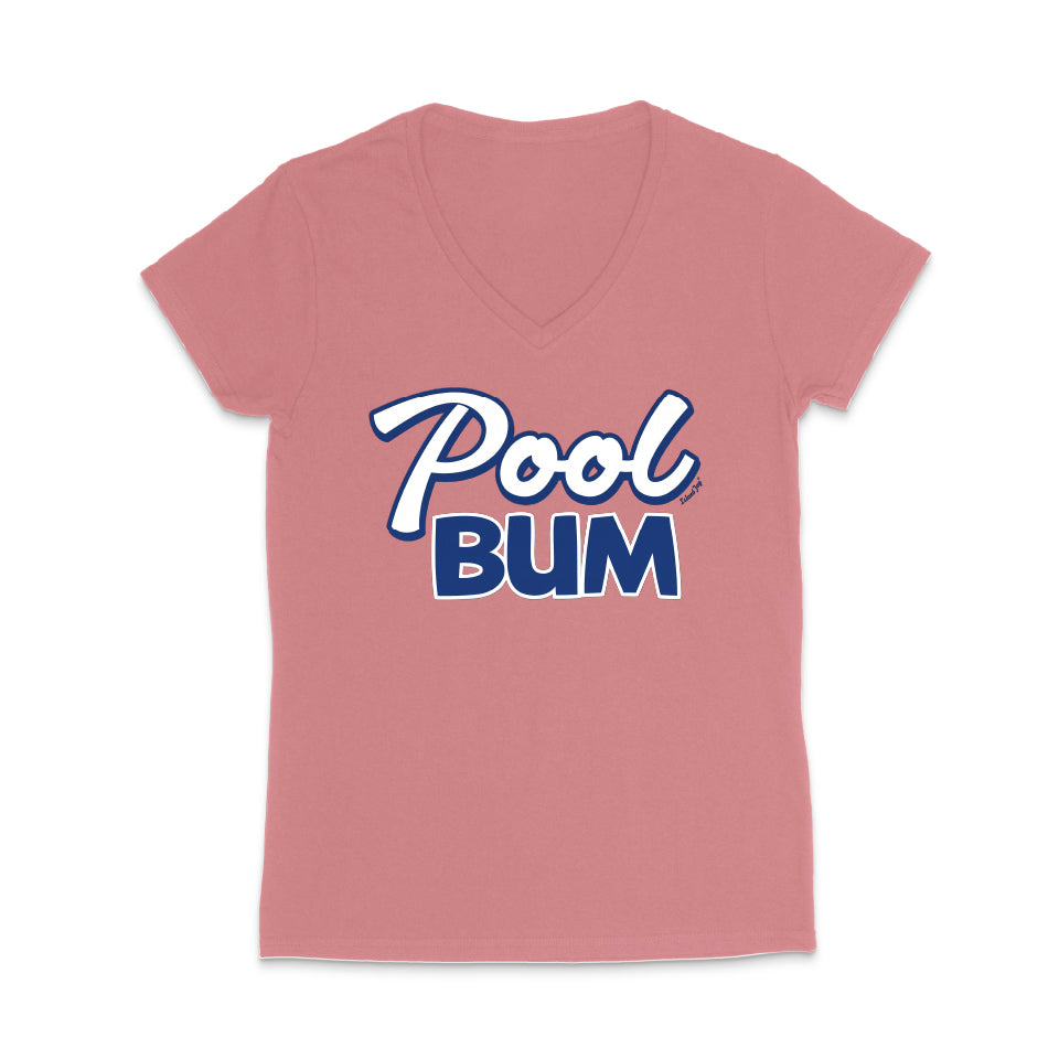 Pink t-shirt with 'Pool Bum' text on a white background