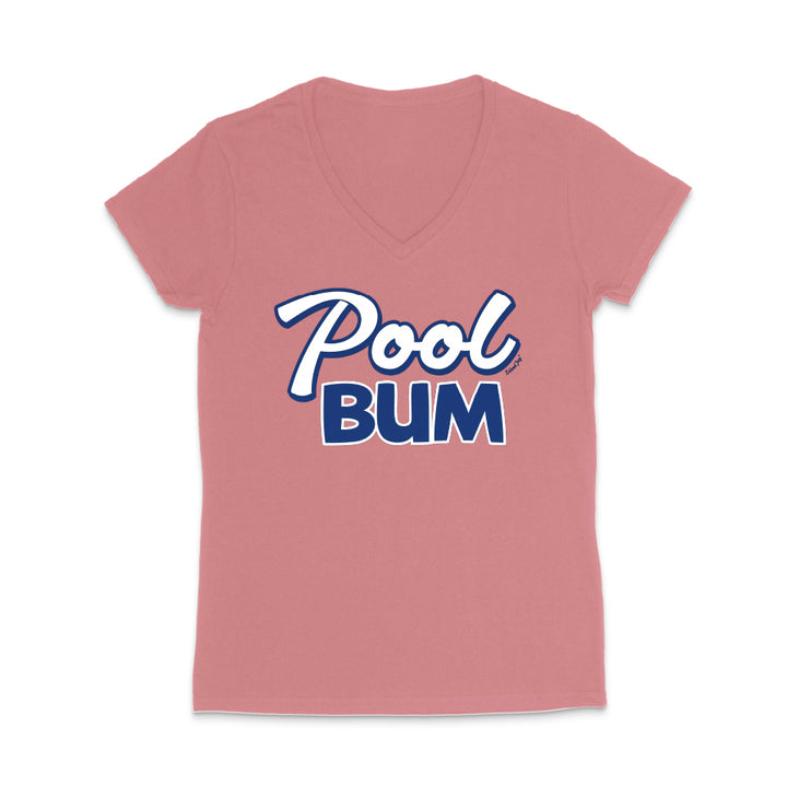 Pink t-shirt with 'Pool Bum' text on a white background