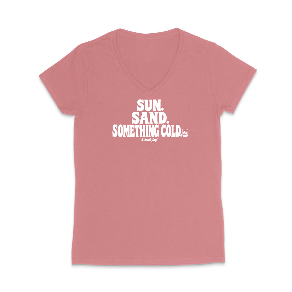A dusty rose pink V-neck short-sleeve t-shirt with a white graphic text print reading 'SUN. SAND. Something cold
